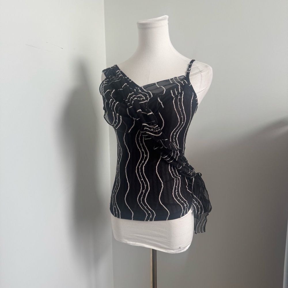 Y2K Ruched Mesh Top — Asymmetrical Drape & Sheer Waves sequins sparkly XS/S goth - Picture 3 of 8